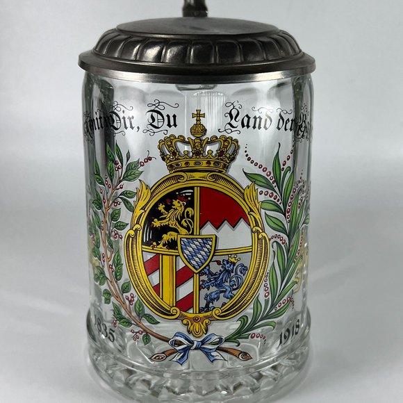 Vtg Kingdom Of Bavaria Coat Of Arms Beer Stein Mug Graphics Glass Zinn Lidded - Picture 1 of 13